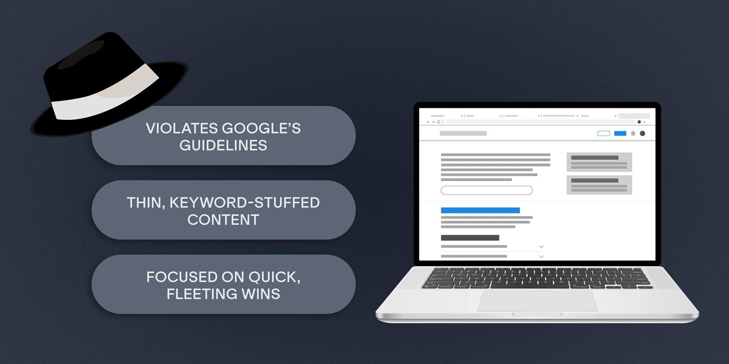 A laptop graphic with black hat SEO characteristics
