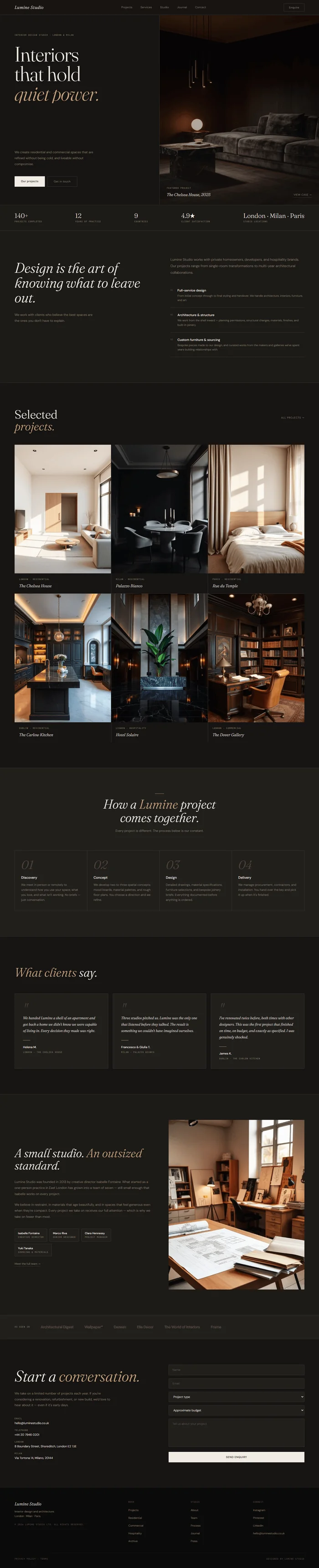 Interior design studio website prompt full preview — near-black warm background, Fraunces italic headline "Interiors that hold quiet power." with warm sand accent, split hero layout with parallax photo panel showing moody luxury living room, and six-card project gallery with cursor follower below