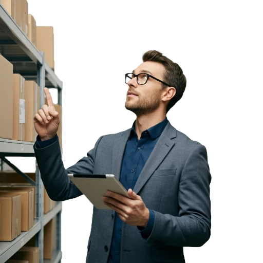 A man wearing a suite counting inventory on shelves
