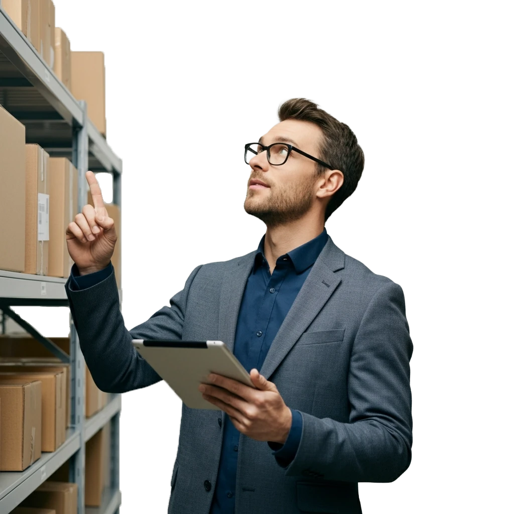 A man wearing a suite counting inventory on shelves