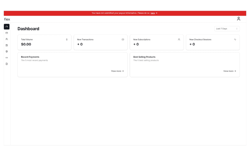 Flex dashboard for merchants accessible after onboarding