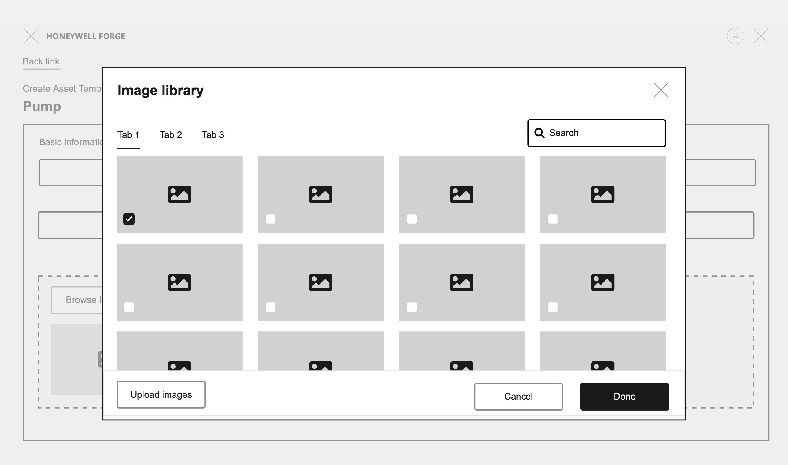 Wireframe of the image library modal with horizontal tabs