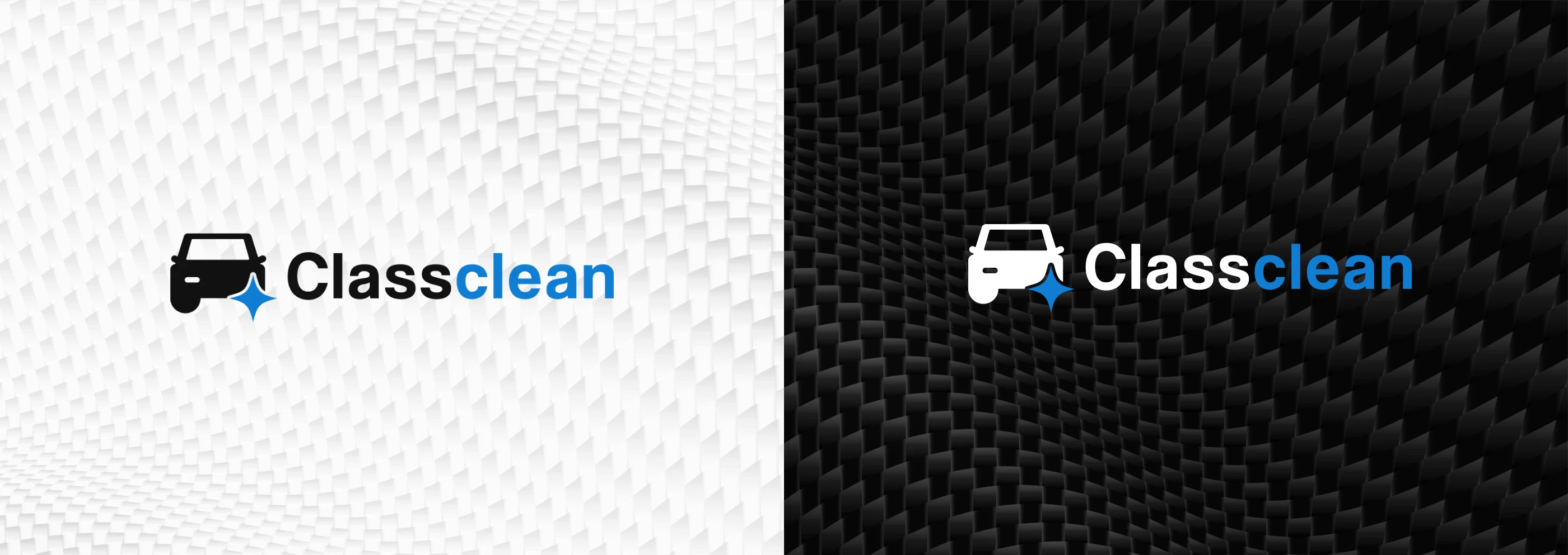 Déclinaisons du logo Classclean sur fond clair et sombre. Pictogramme voiture avec étincelle bleue brillante.