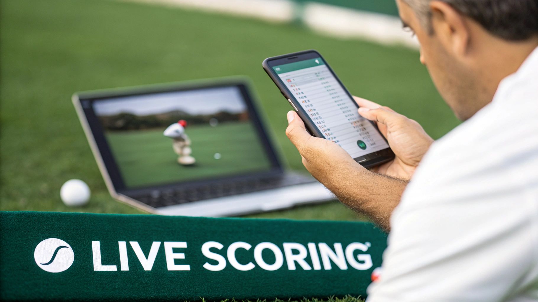 Group of golfers checking a smartphone on the course