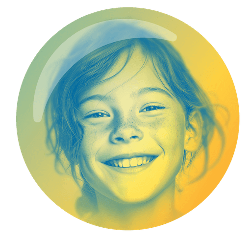 A smiling child with a joyful expression, framed in a circular design with a colorful gradient background.