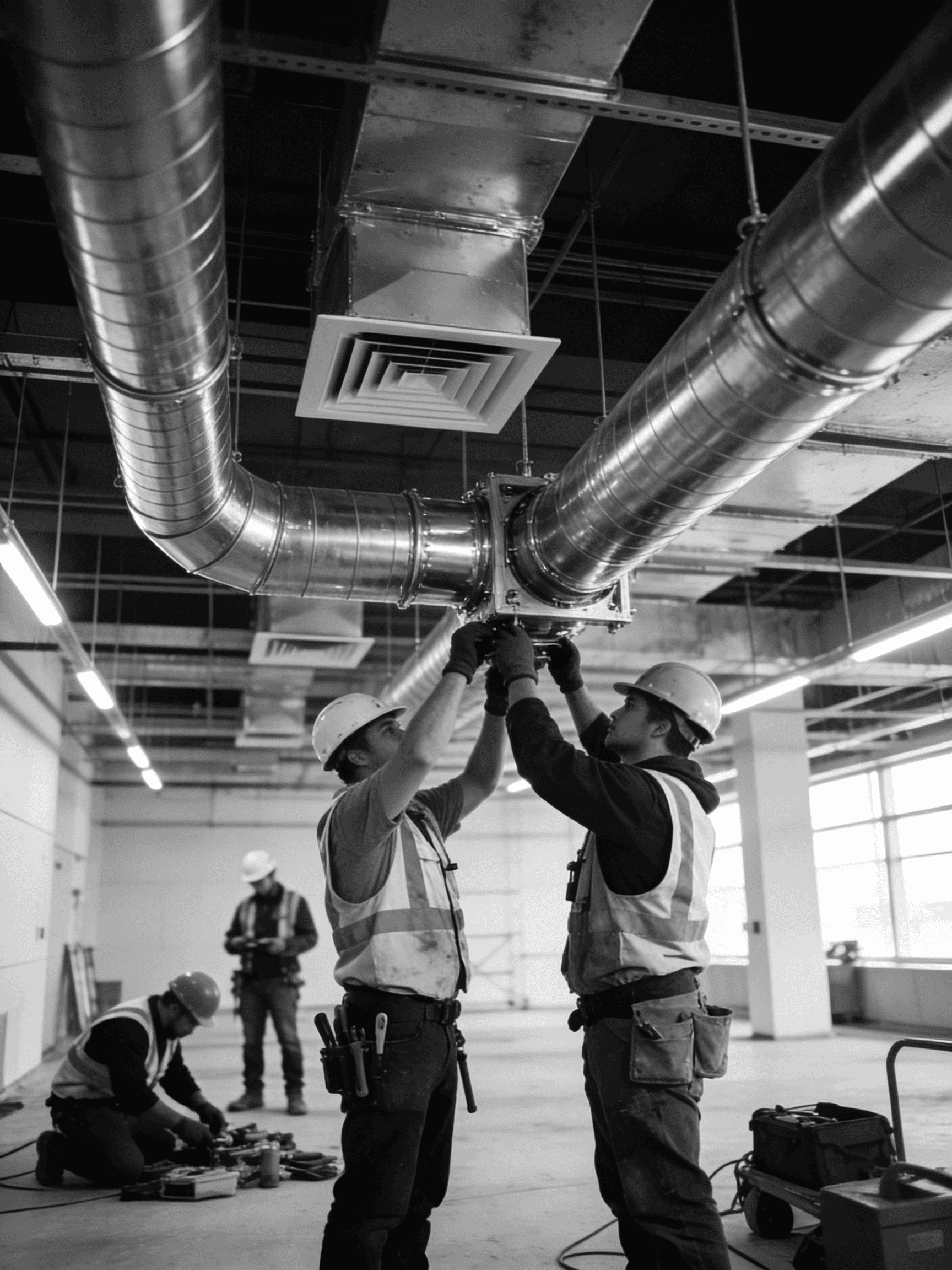 Construction workers working on HVAC ducts an venting