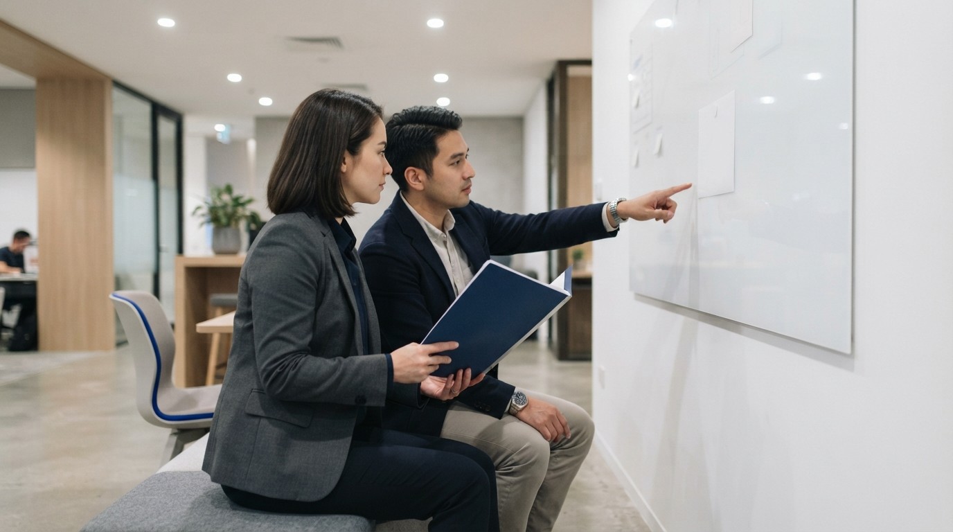 Two professionals coordinating strategy in a clean office environment