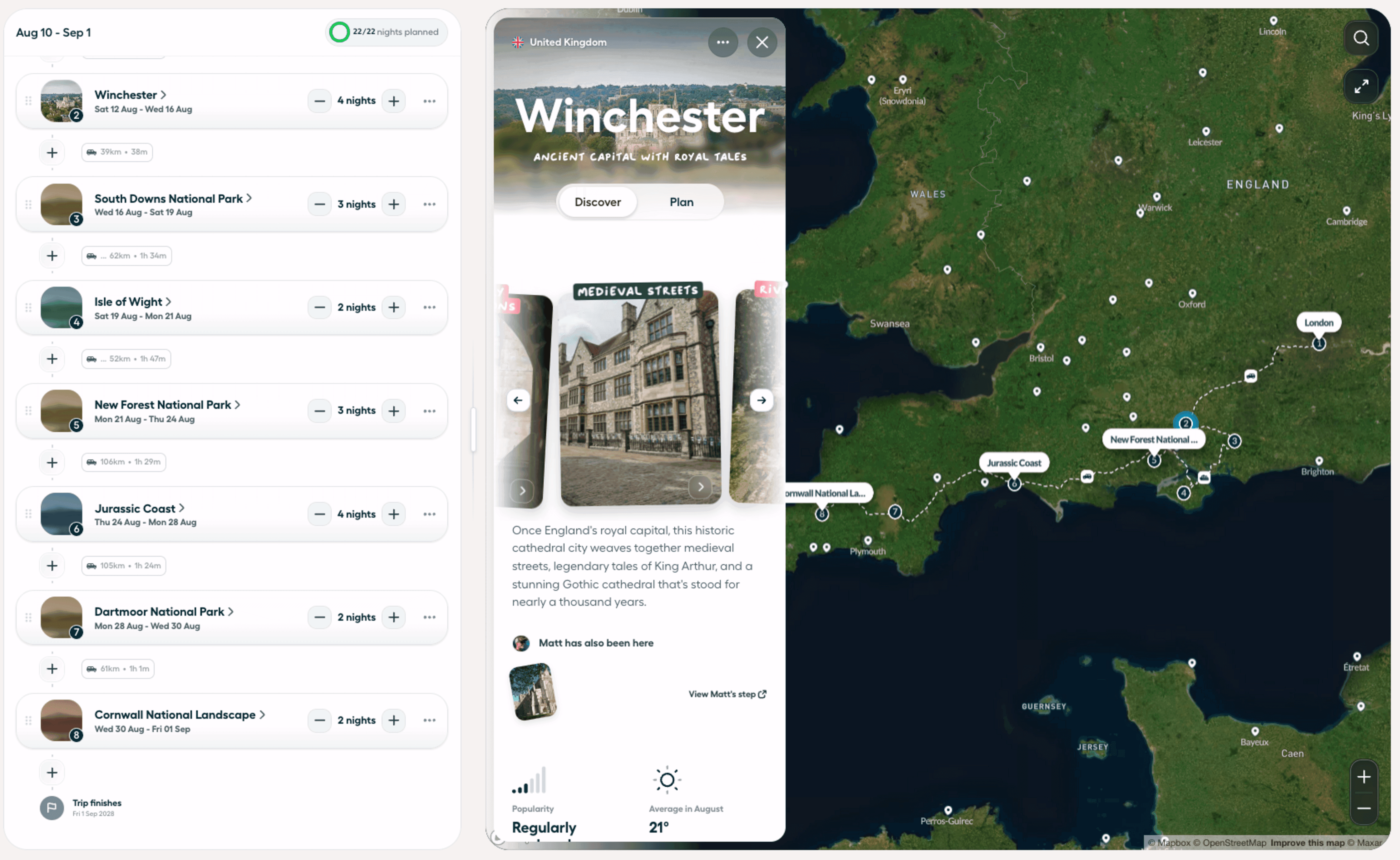 Polarsteps Trip Planner mapping a route from London through southern England and the Jurassic Coast, with destination recommendations and an interactive map.