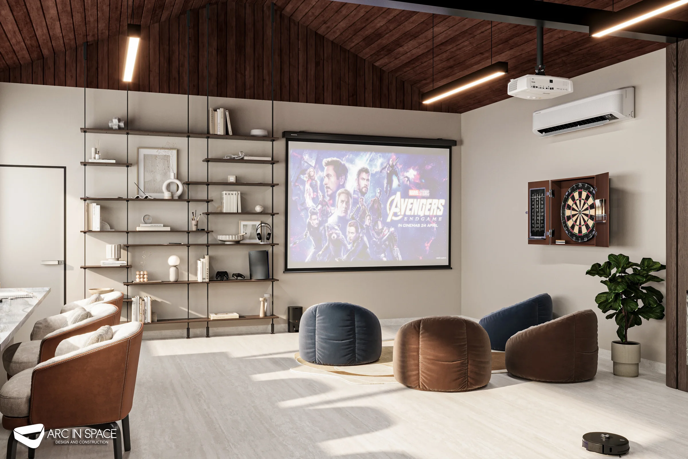 Projection and entertainment zone with bar seating in the Abu Dhabi rooftop family lounge.