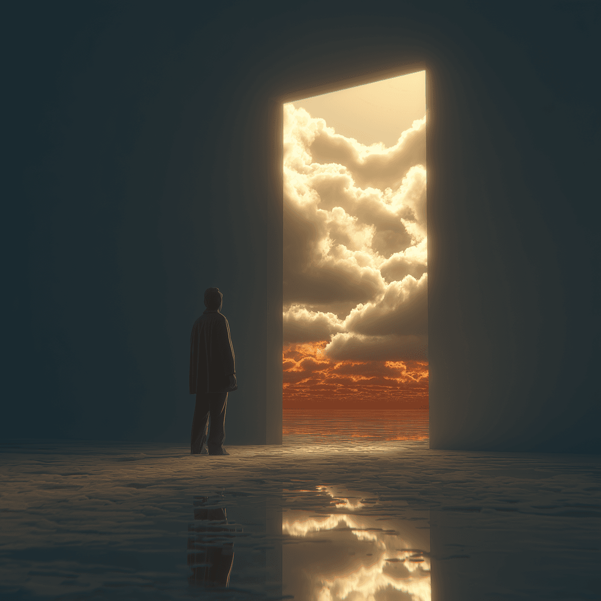 A person stands in a dark room, facing a glowing doorway revealing a vibrant sky with golden clouds and an orange horizon.