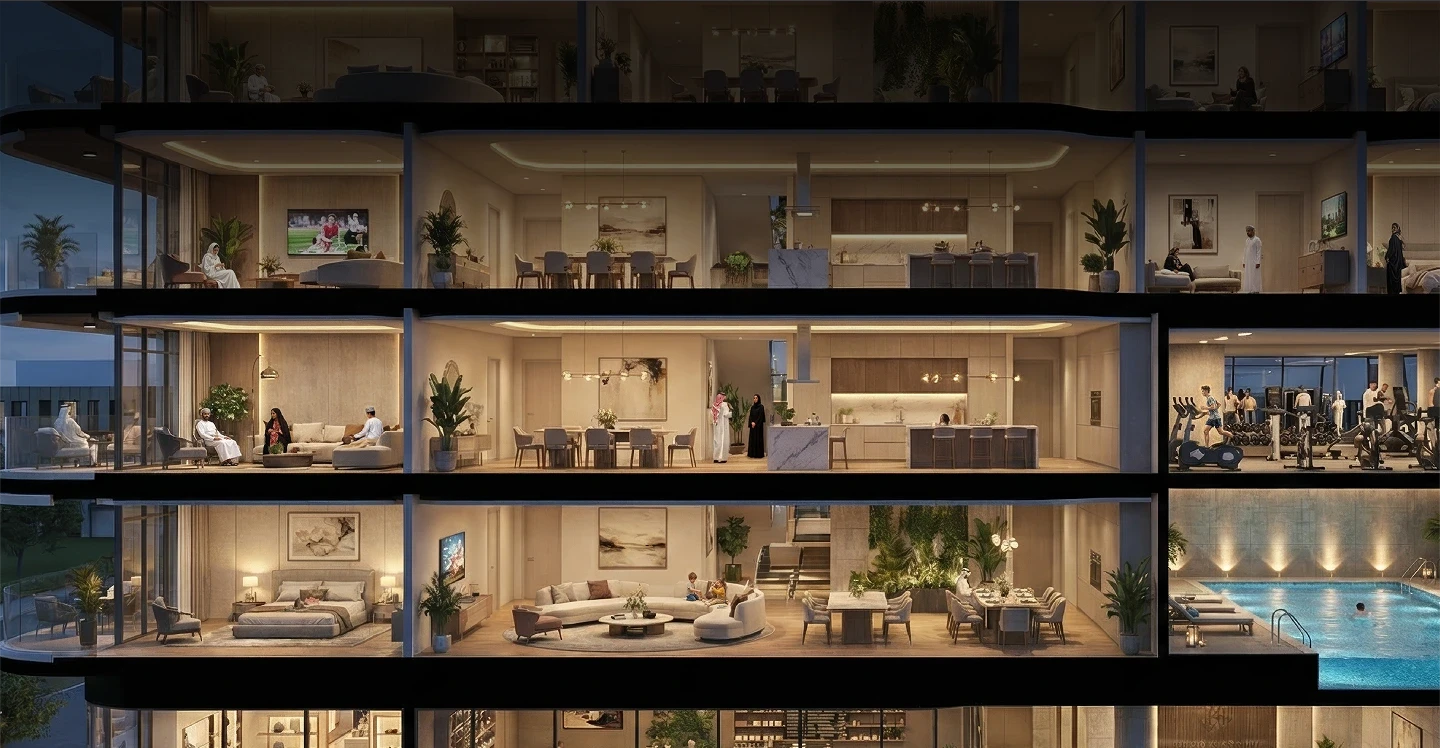 A close-up image from inside The Hills Gate building shows its integrated facilities, including a central courtyard for everyone, a gym, a swimming pool, and meeting and event spaces.