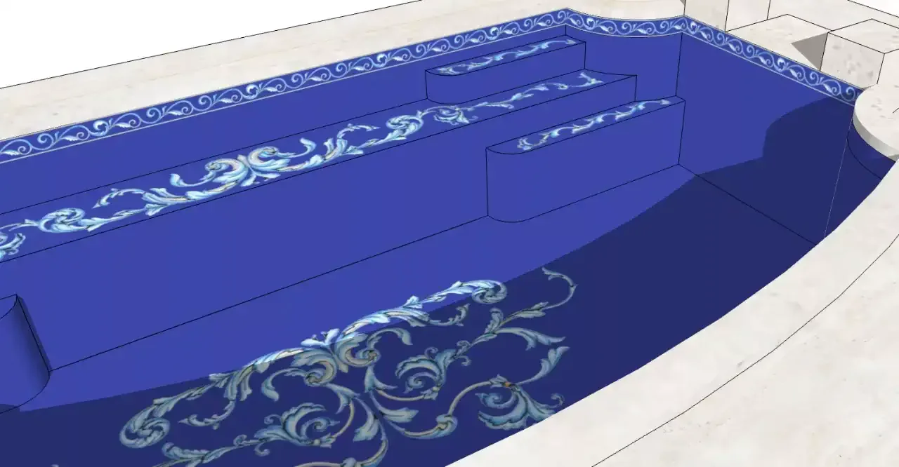 Hand-cut blue Greco Roman tile pool with intricate designs in California.