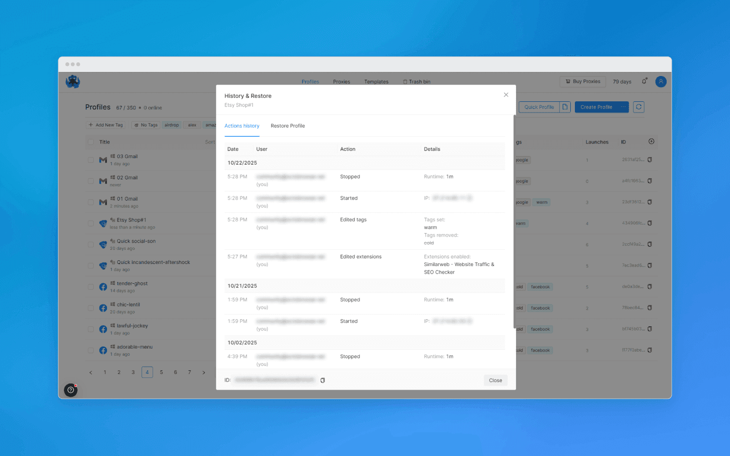 Profile history in Octo Browser