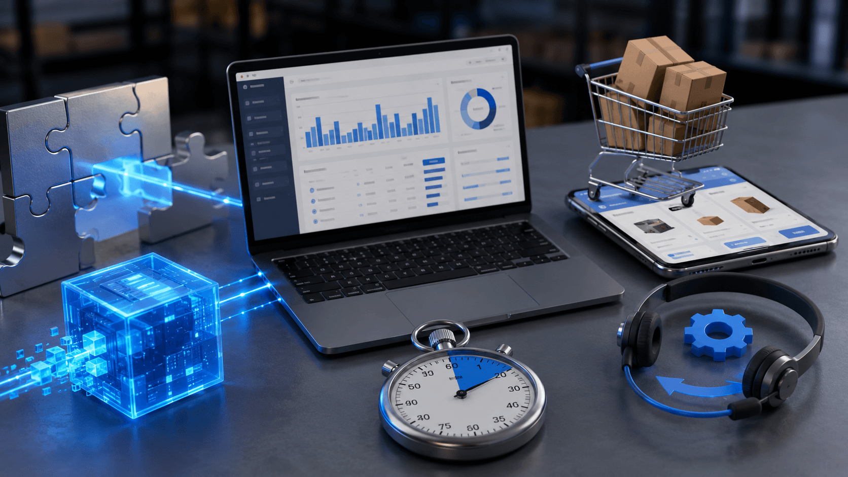 Renderização 3D realista em formato panorâmico. No centro, um notebook exibe um painel de indicadores e gráficos. À esquerda, peças metálicas de quebra-cabeça conectadas por um feixe luminoso azul simbolizam integração entre sistemas. Na parte inferior, um cubo digital translúcido representa dados e automação. À direita, um smartphone com catálogo de produtos sustenta um carrinho de compras com caixas, sugerindo pedidos digitais e autonomia de compra. Em primeiro plano, um cronômetro representa rapidez na adoção da solução, enquanto um headset com ícone de engrenagem simboliza suporte contínuo. O fundo desfocado lembra um centro de distribuição ou armazém, reforçando o contexto B2B e logístico. Sem pessoas e sem texto visível.