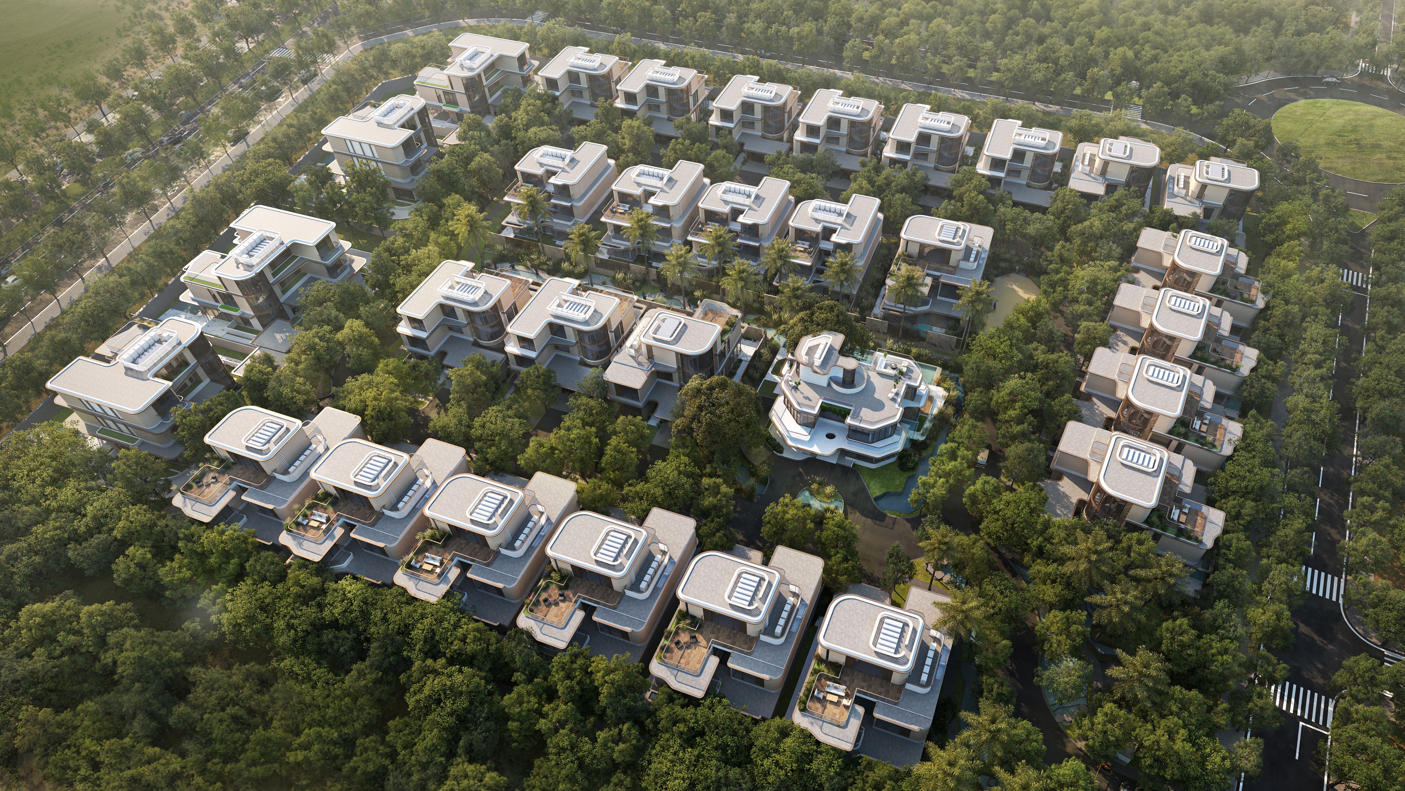 A modern villa featuring a pool surrounded by lush greenery, showcasing the elegance of Arista Properties.