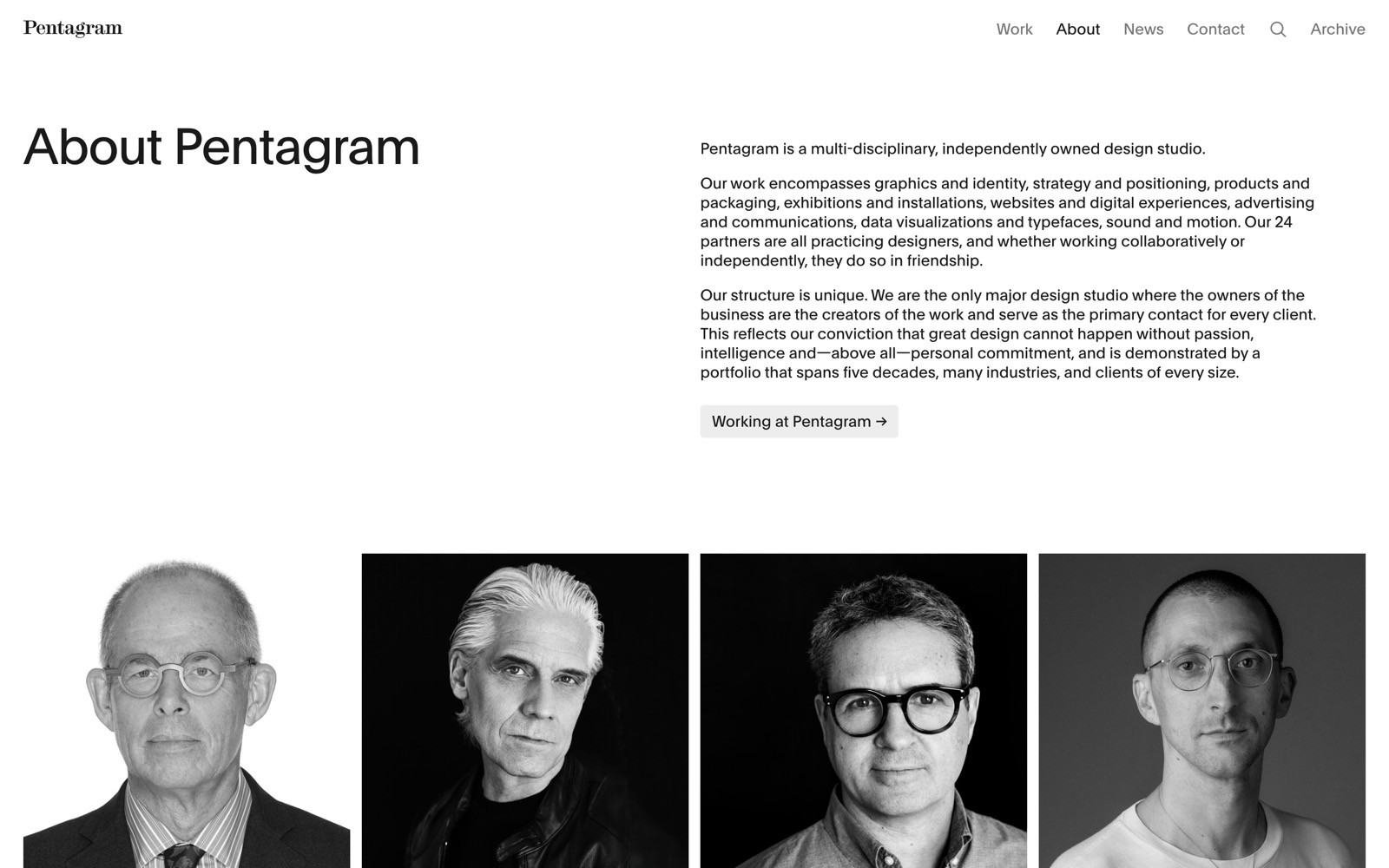About page for Pentagram featuring a description of their design studio and portraits of four individuals.