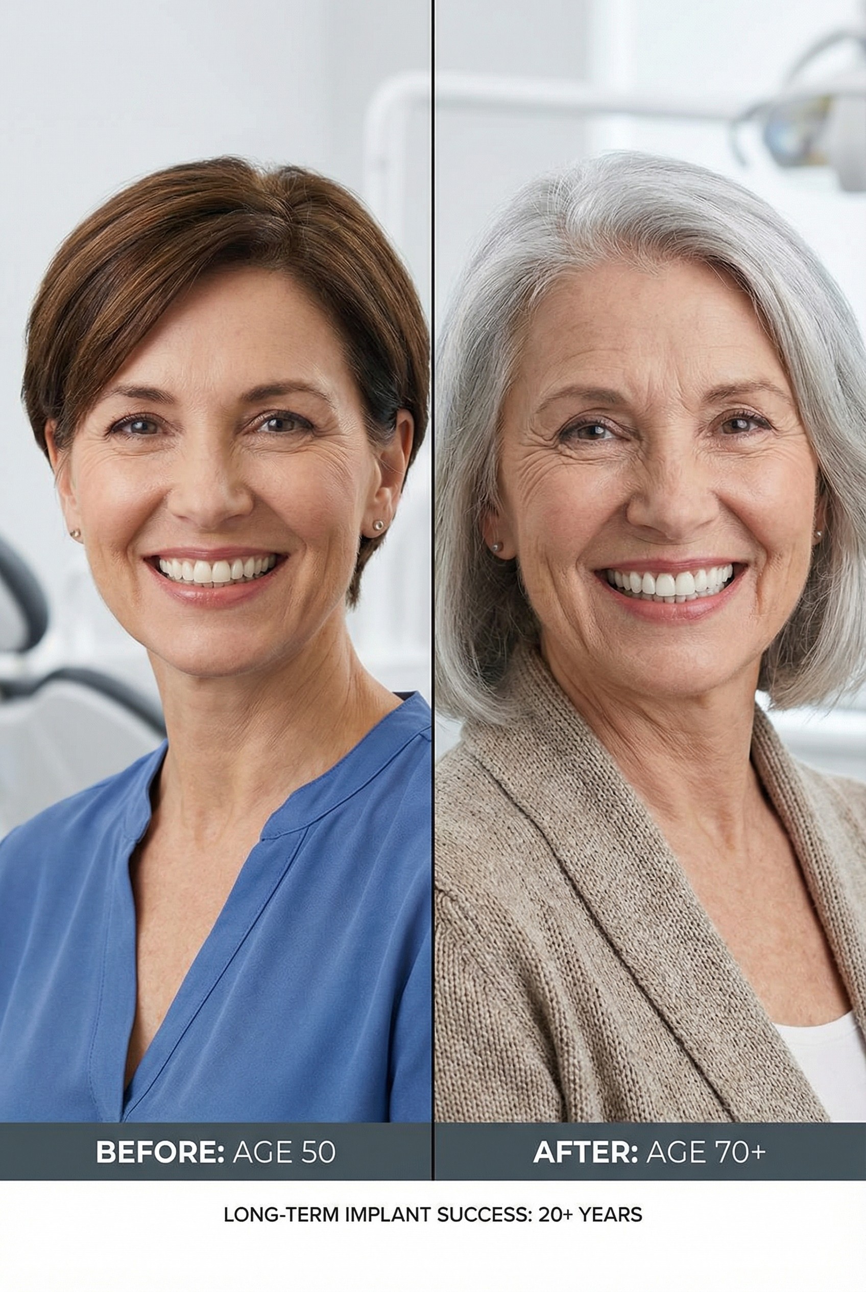 Patient showing successful dental implant function over 20+ years from age 50 to 70+ with lasting results