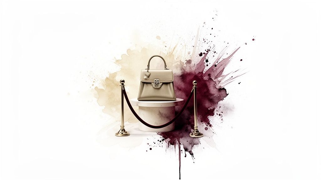 Elegant beige luxury handbag displayed exclusively on a pedestal with velvet ropes, amidst artistic watercolor splashes.