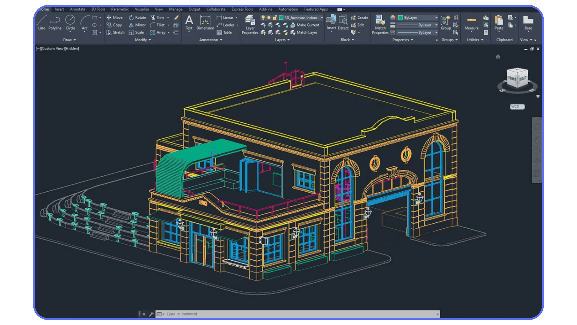 3D architectural building model displayed in AutoCAD with detailed geometry and colored layers