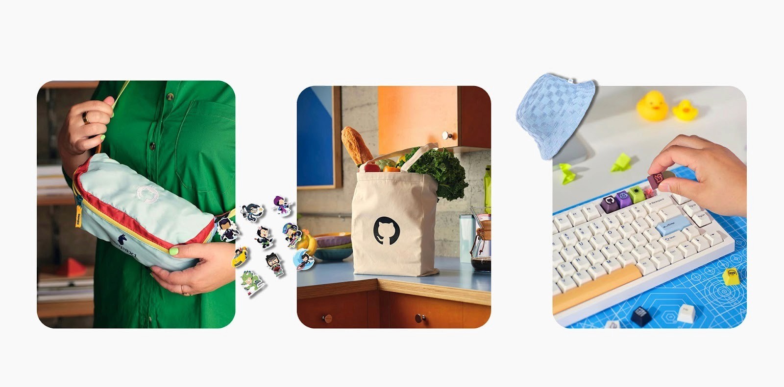 A showcase of GitHub merch, including a stylish fanny pack, a branded tote bag filled with groceries, and custom mechanical keyboard keycaps with playful designs.
