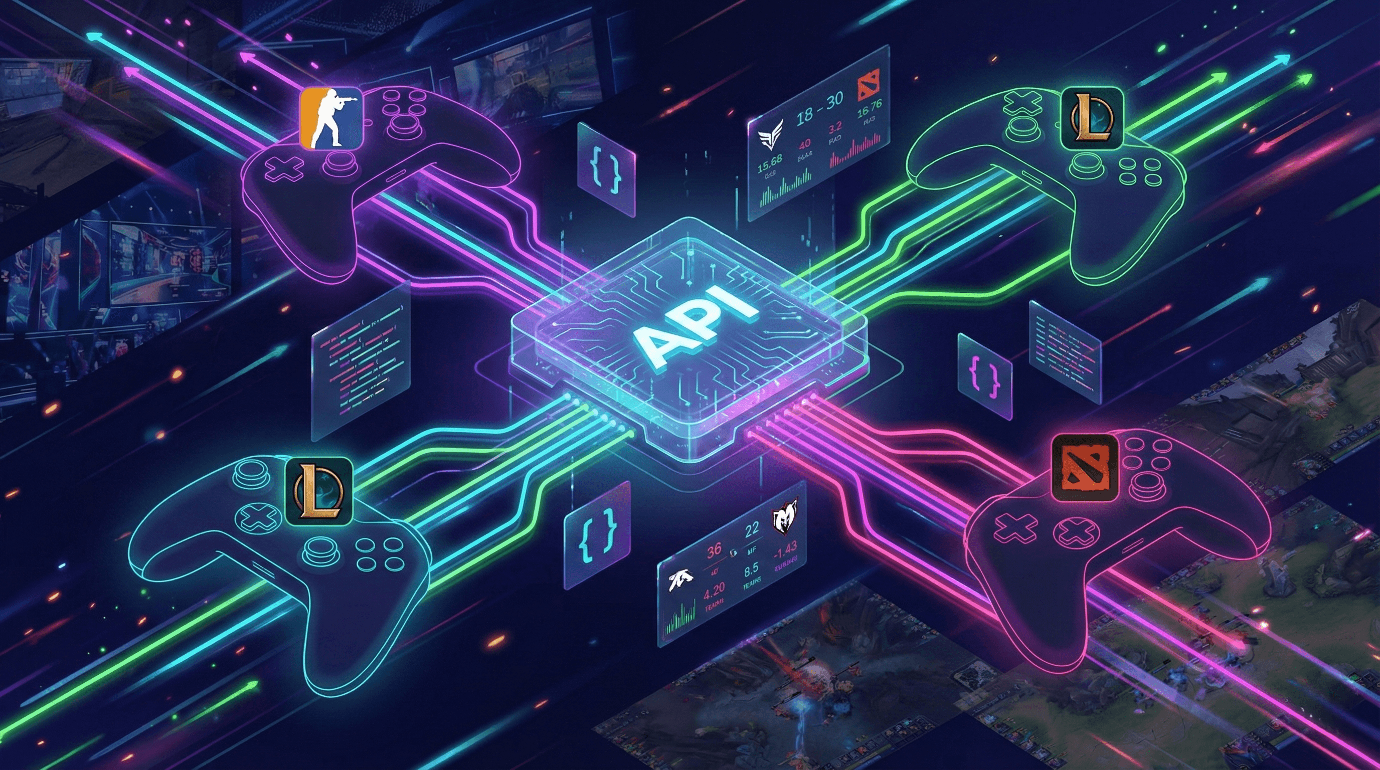 Dynamic e-sports betting API visualization showing game controllers connected to central data hub with neon cyberpunk aesthetic