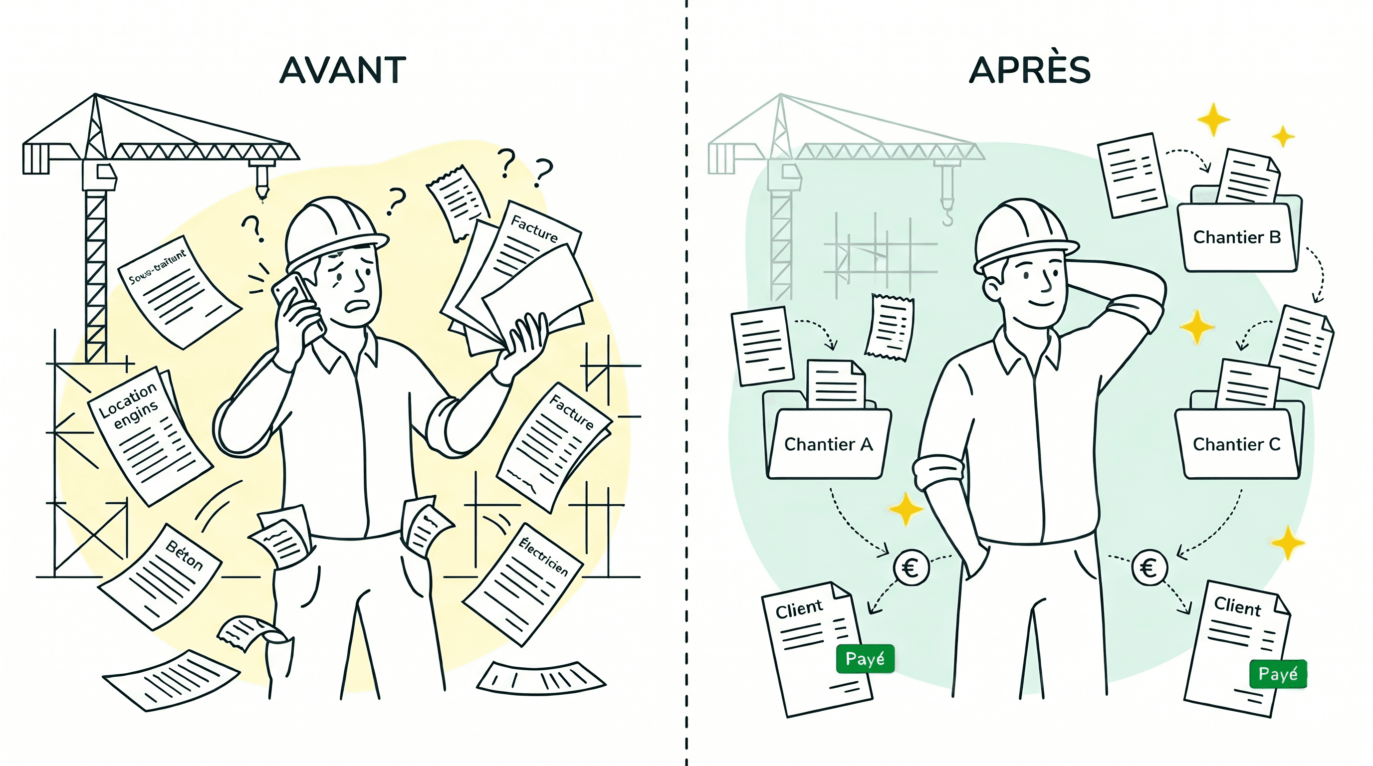 Avant/après pour une entreprise du BTP : à gauche un artisan débordé jonglant avec les factures fournisseurs sur le chantier, à droite les coûts sont classés par chantier et les clients ont payé