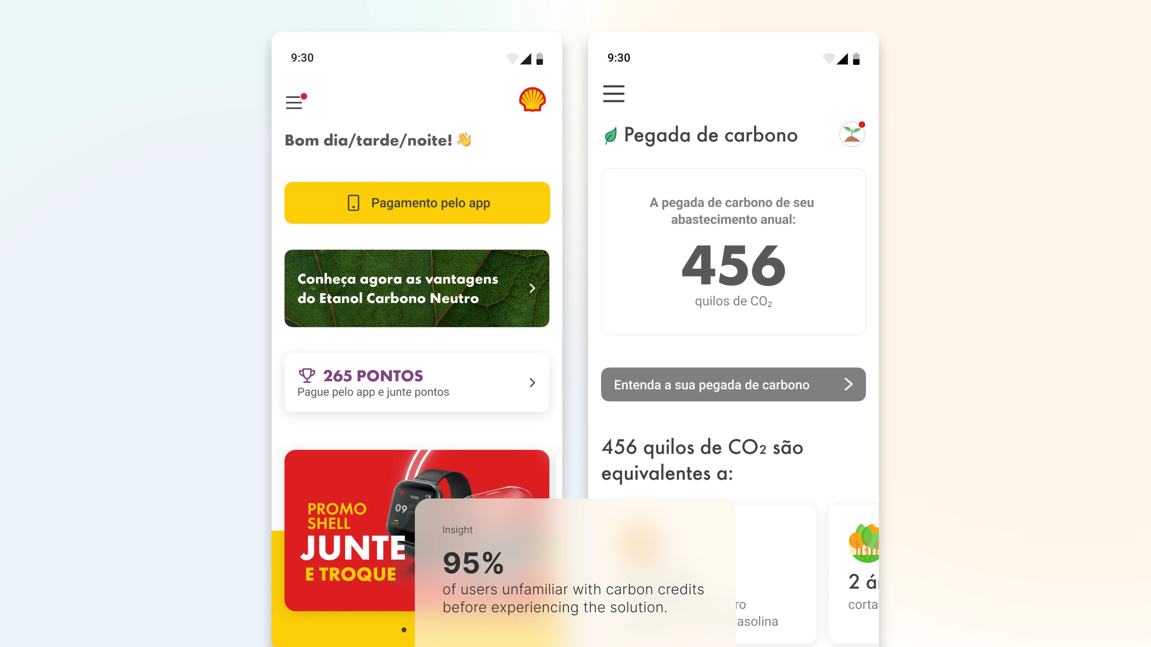 Mockup of two Shell mobile app screens. The first screen shows the home dashboard with a greeting, in-app payment button, loyalty points, and promotional content. The second screen presents the carbon footprint feature, displaying the annual CO₂ emissions estimate from fuel usage and a button to learn more about environmental impact.