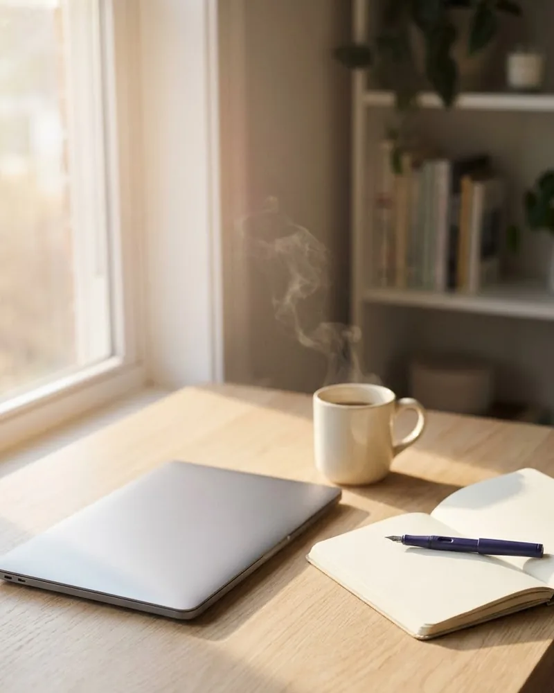 A bright desk by the window: an open notebook, a laptop and a cup of coffee