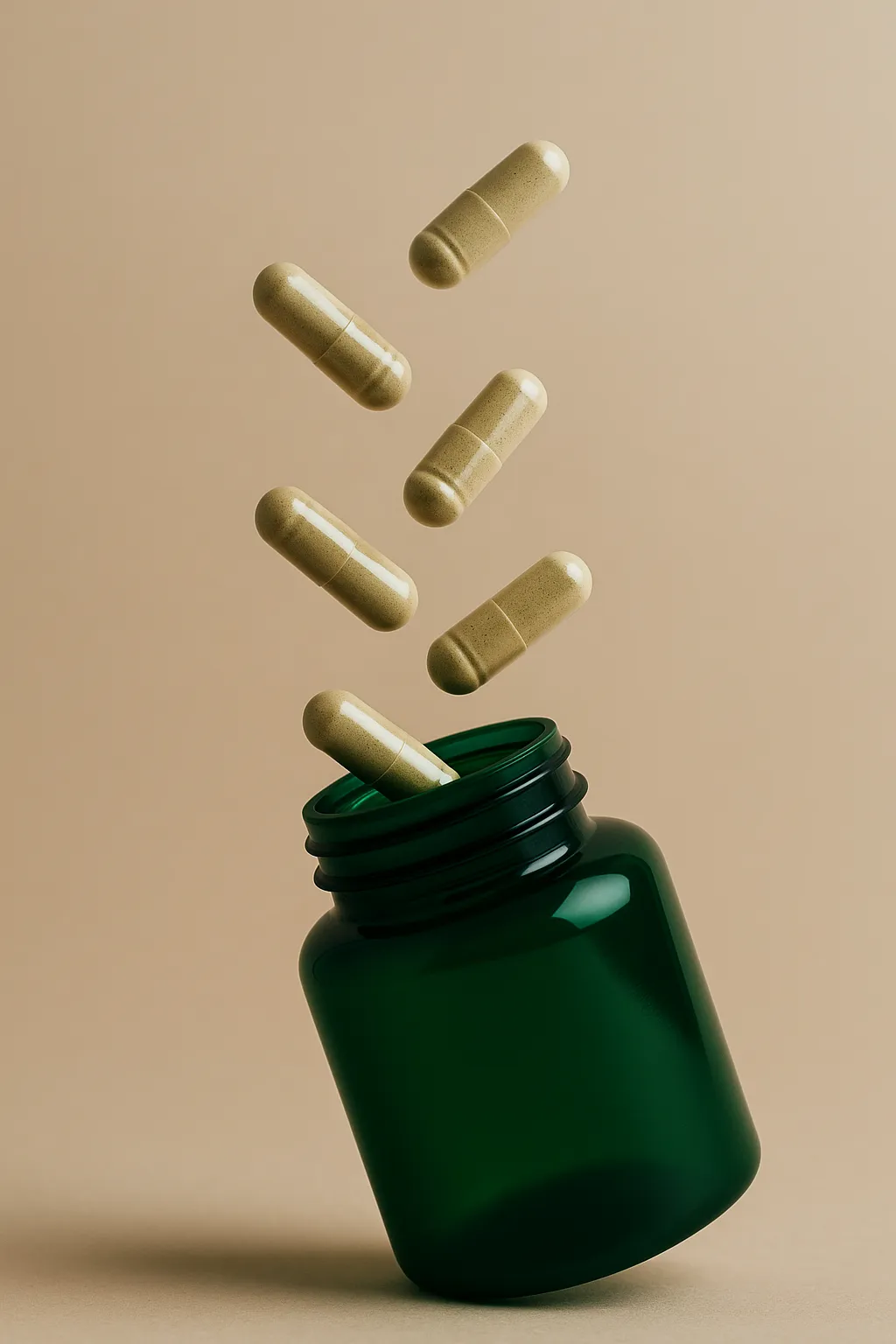 Sulforaphane supplement capsules falling into a dark green bottle.