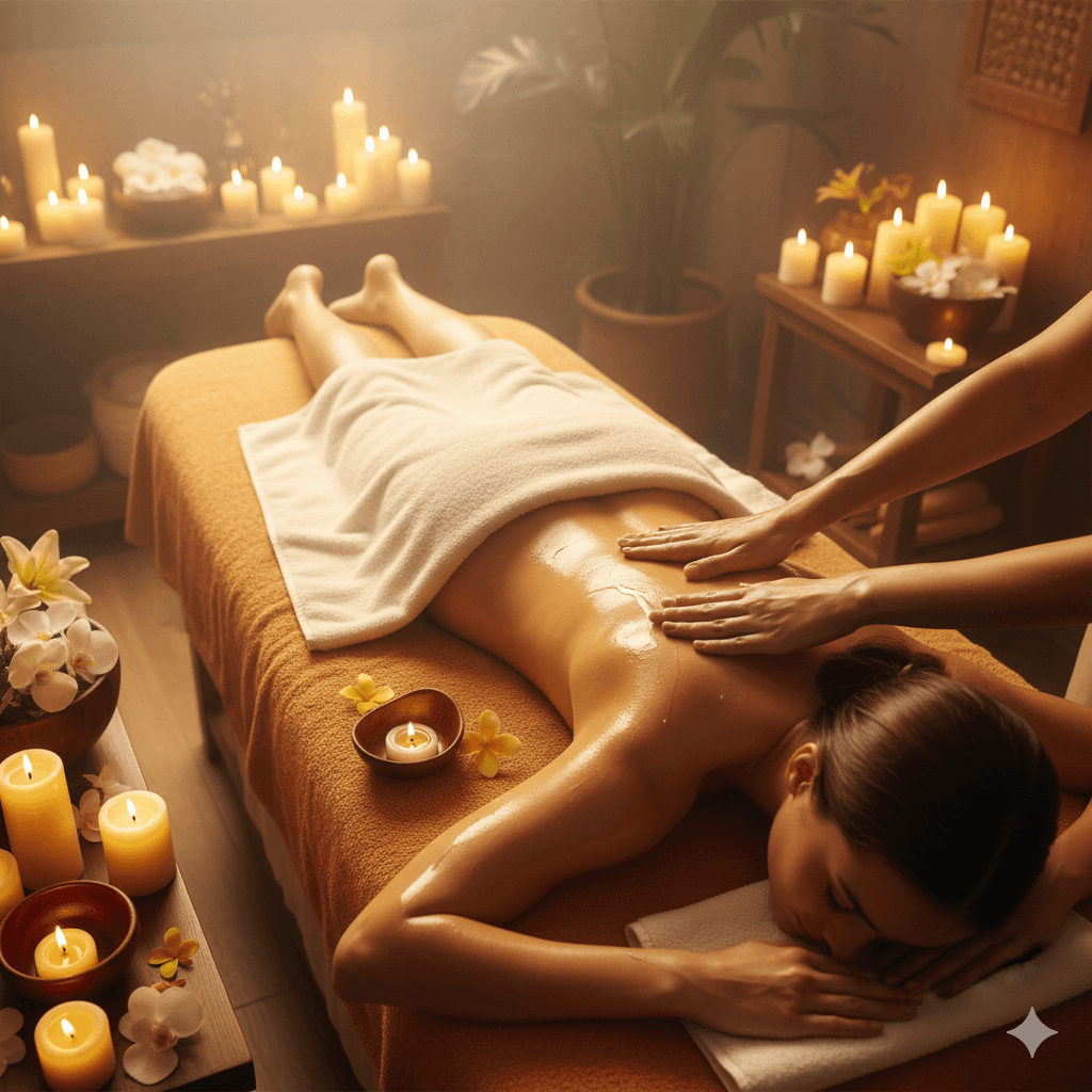 A close-up of hands performing a soothing massage on a client’s back, with warm golden light illuminating the skin. The scene evokes relaxation and well-being.