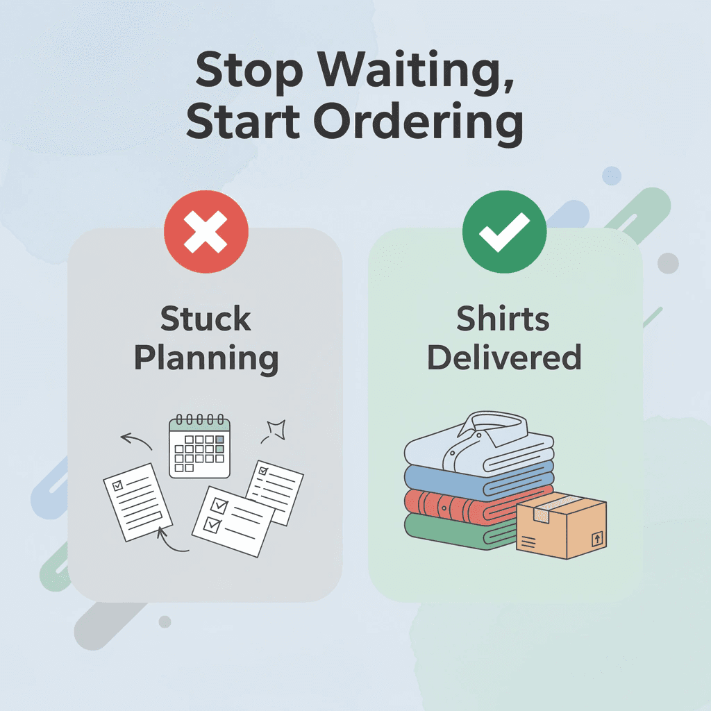 Before and after infographic showing the shift from planning mode to delivered branded apparel