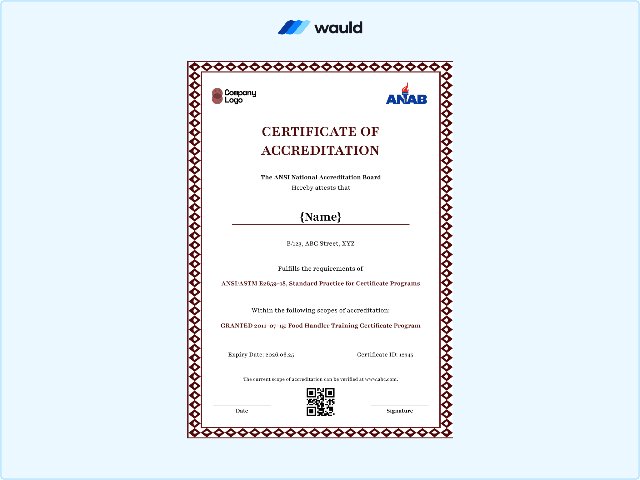Certificate of accreditation template with dedicated company logo placement, accrediting board emblem, diamond border accents, recipient name field, standard practice reference, scope of accreditation, certificate ID, expiry date, and QR code