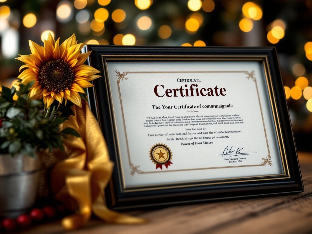 A sunflower sits next to a framed certificate on a wooden table.