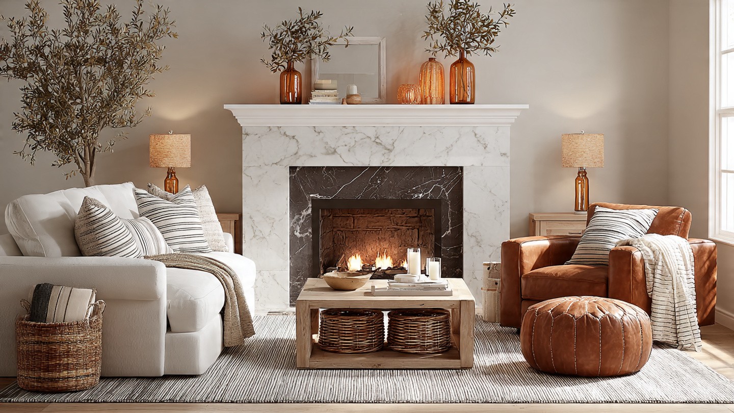 Cozy living room with a marble fireplace, lit fire, white sofa, brown leather chair, striped cushions, wooden coffee table, and warm lighting.