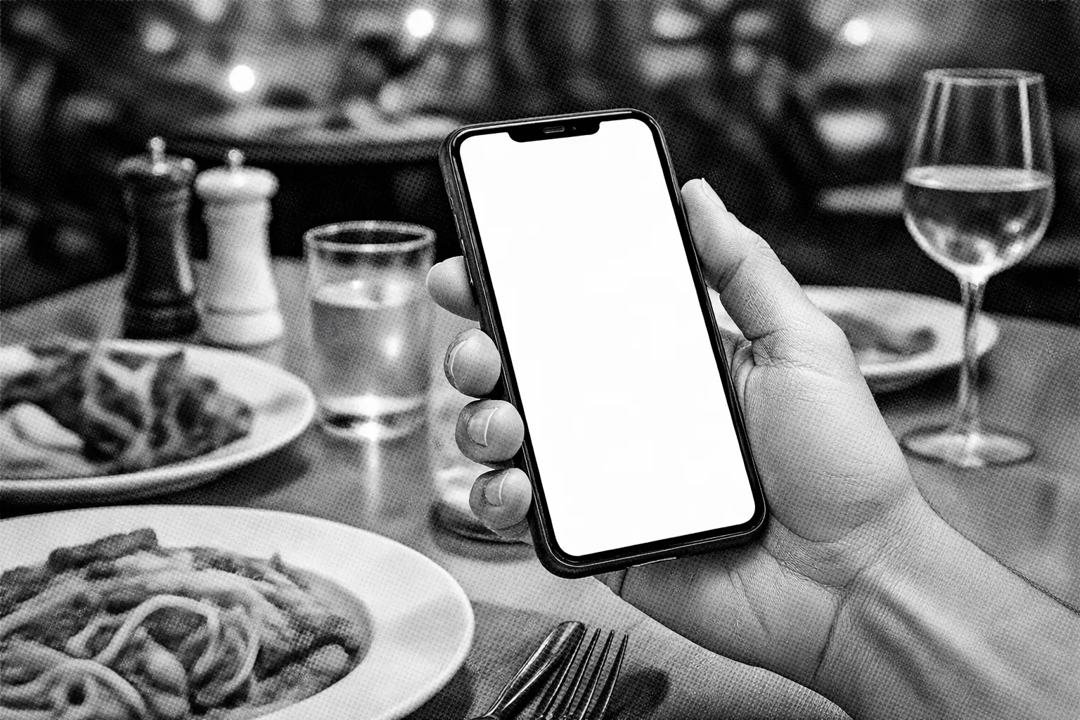 A hand holding a smartphone, surrounded by plates of food and drinks on a table, in monochrome colors. Cover image for personal brand agency case study.