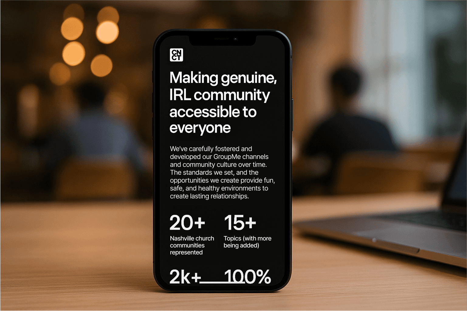 A mockup of an iPhone placed on a chair's back