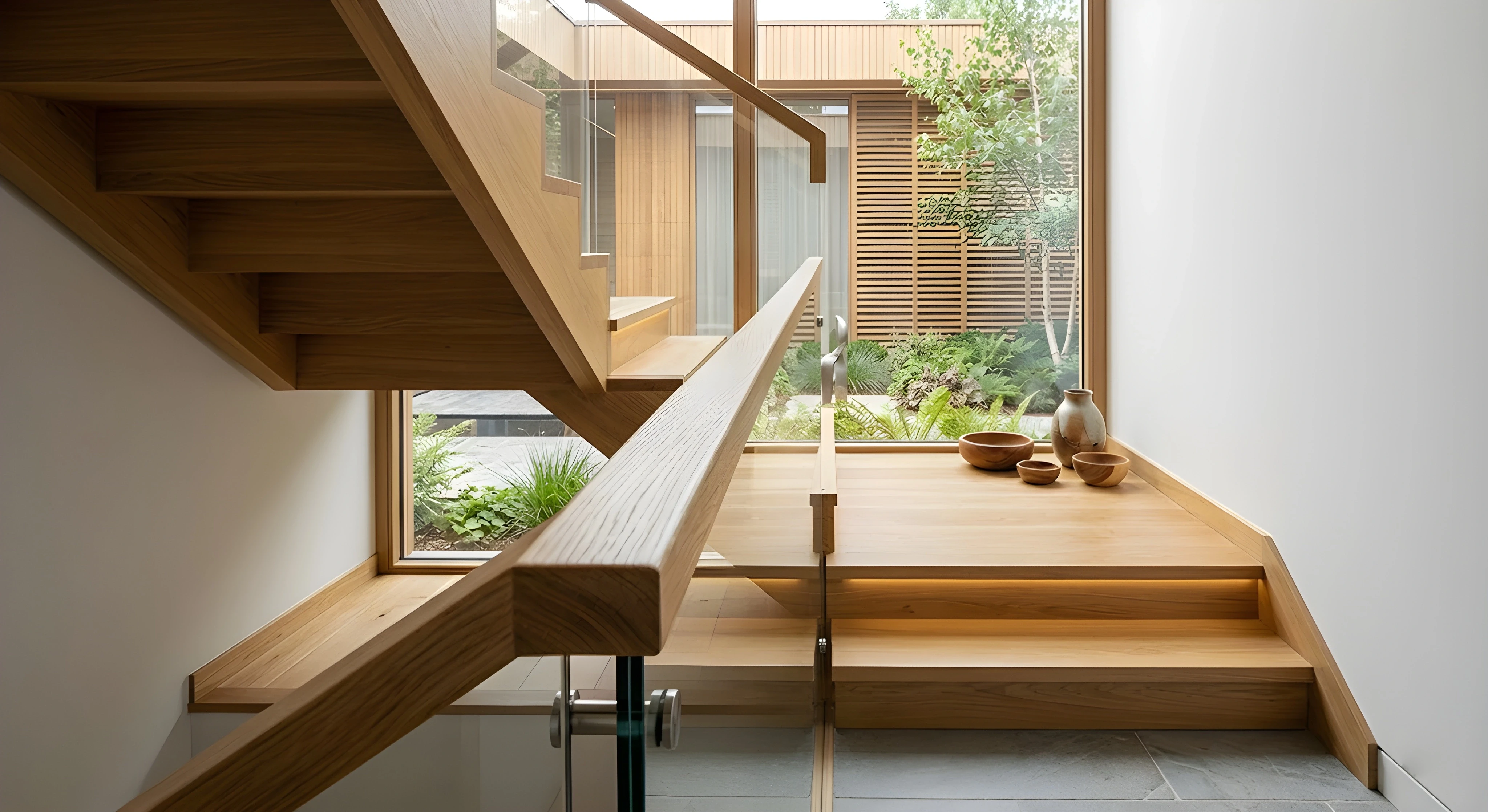 An interior view of an elegant oak wood floating staircase with glass panel railings and subtle under-tread LED lighting. Large windows behind the landing frame a clear view of a landscaped courtyard, while small decorative wooden bowls sit on the wooden floor landing.