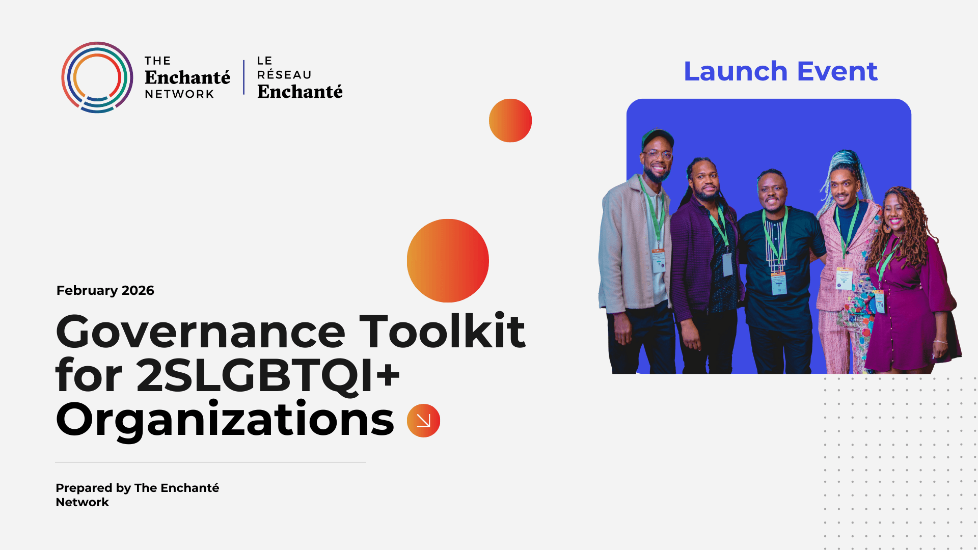 Graphic featuring a title "Governance Toolkit for LGBTQ+ Organizations" and a diverse group of people smiling.