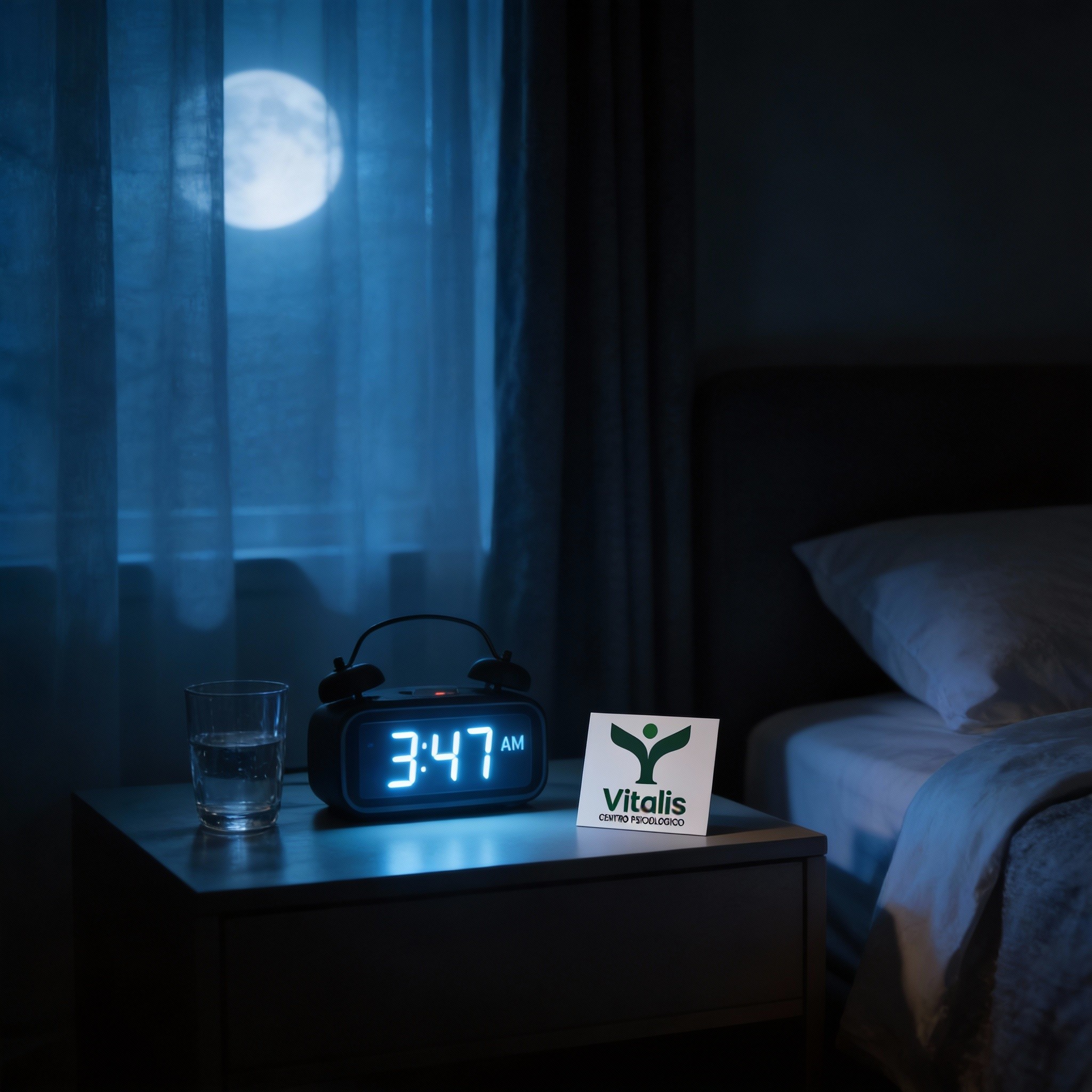 Reloj despertador en la madrugada y tarjeta de Centro Vitalis.