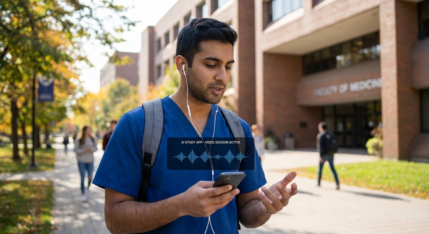 Student using voice mode with Rezzy AI while walking on campus