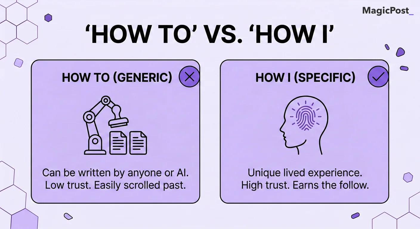 Infographic comparing generic How To content versus specific How I content on LinkedIn for building trust and earning followers