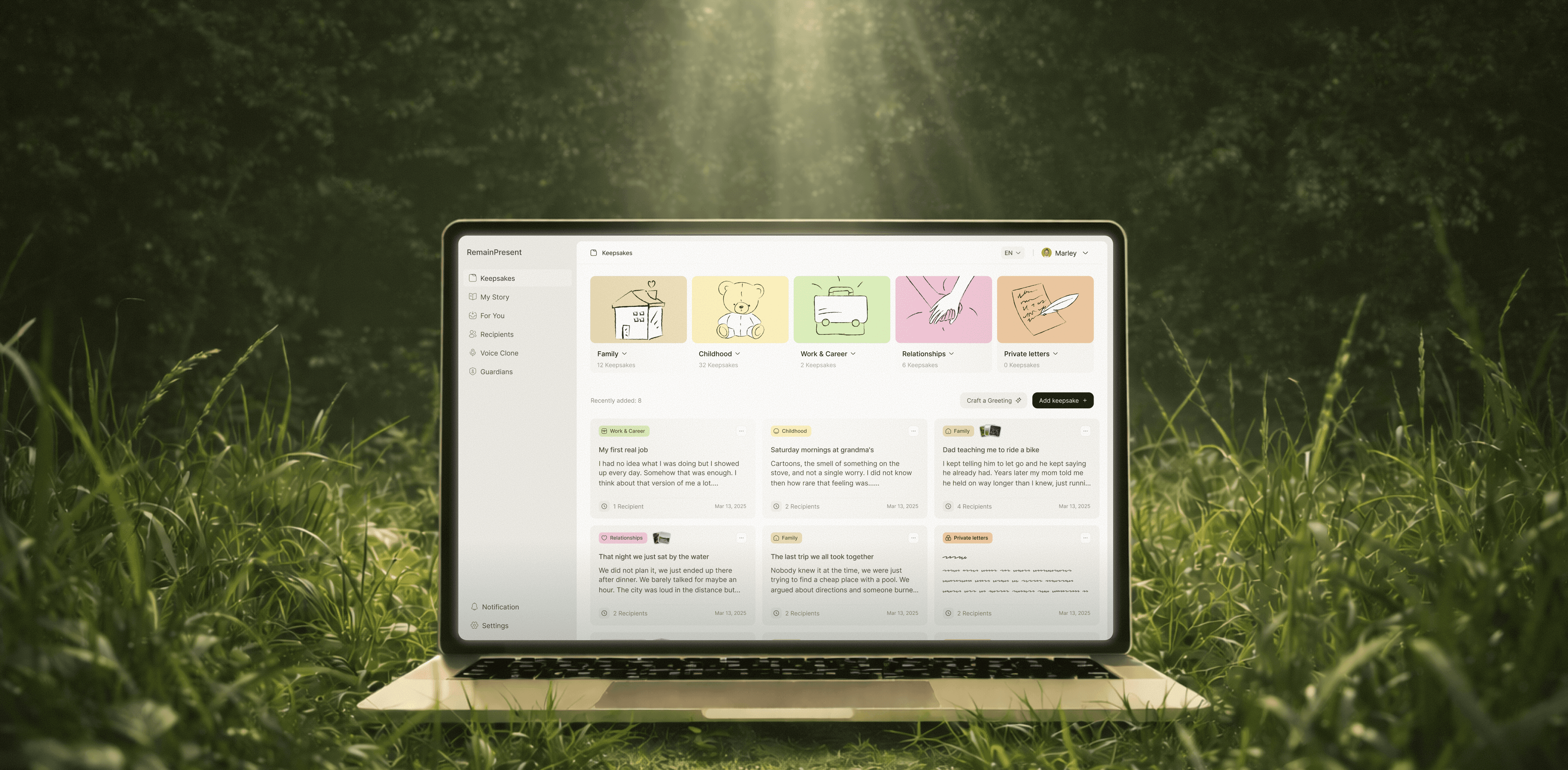 A Macbook with colorful markers sits on grass, illuminated by soft sunlight, creating a serene atmosphere.