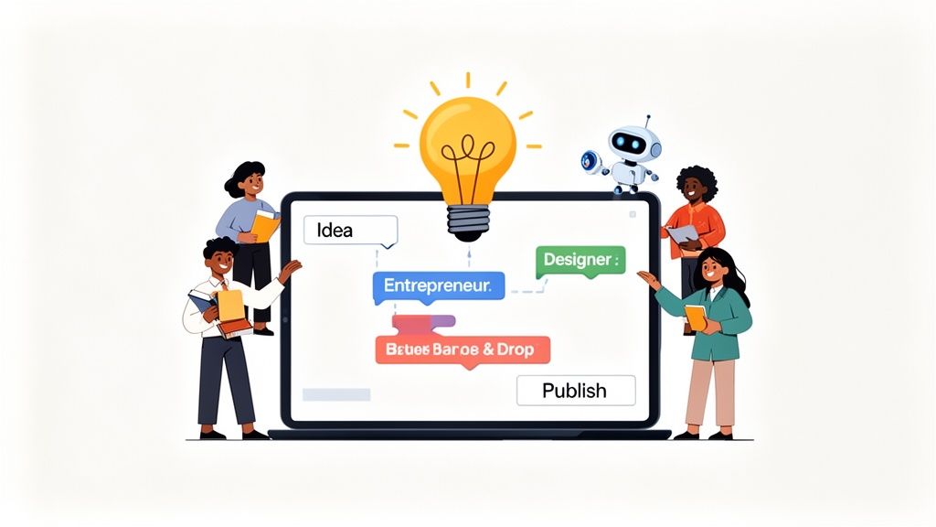 Diverse team collaborating on a laptop, showing a no-code app development process from idea to publish.