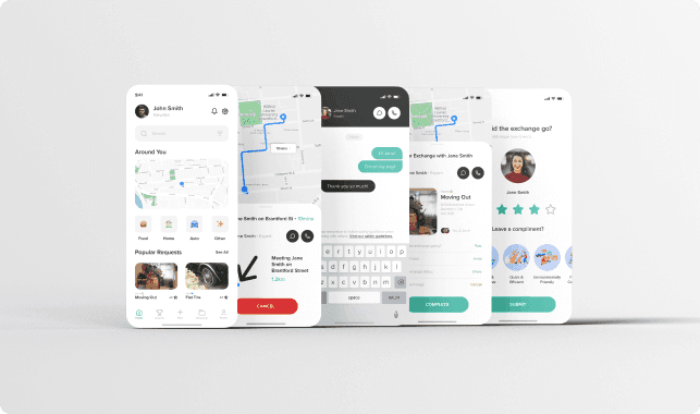 Five smartphone screens from the NEED>LESS app are angled in a row, showing the full exchange process. The first screen displays a map with nearby requests and icons for categories. The second screen shows a mapped route and task details with a “CANCEL” button. The third screen features an in-app chat between users. The fourth screen shows exchange details with a “COMPLETE” button. The fifth screen presents a rating interface with stars, a compliment option, and a “SUBMIT” button.