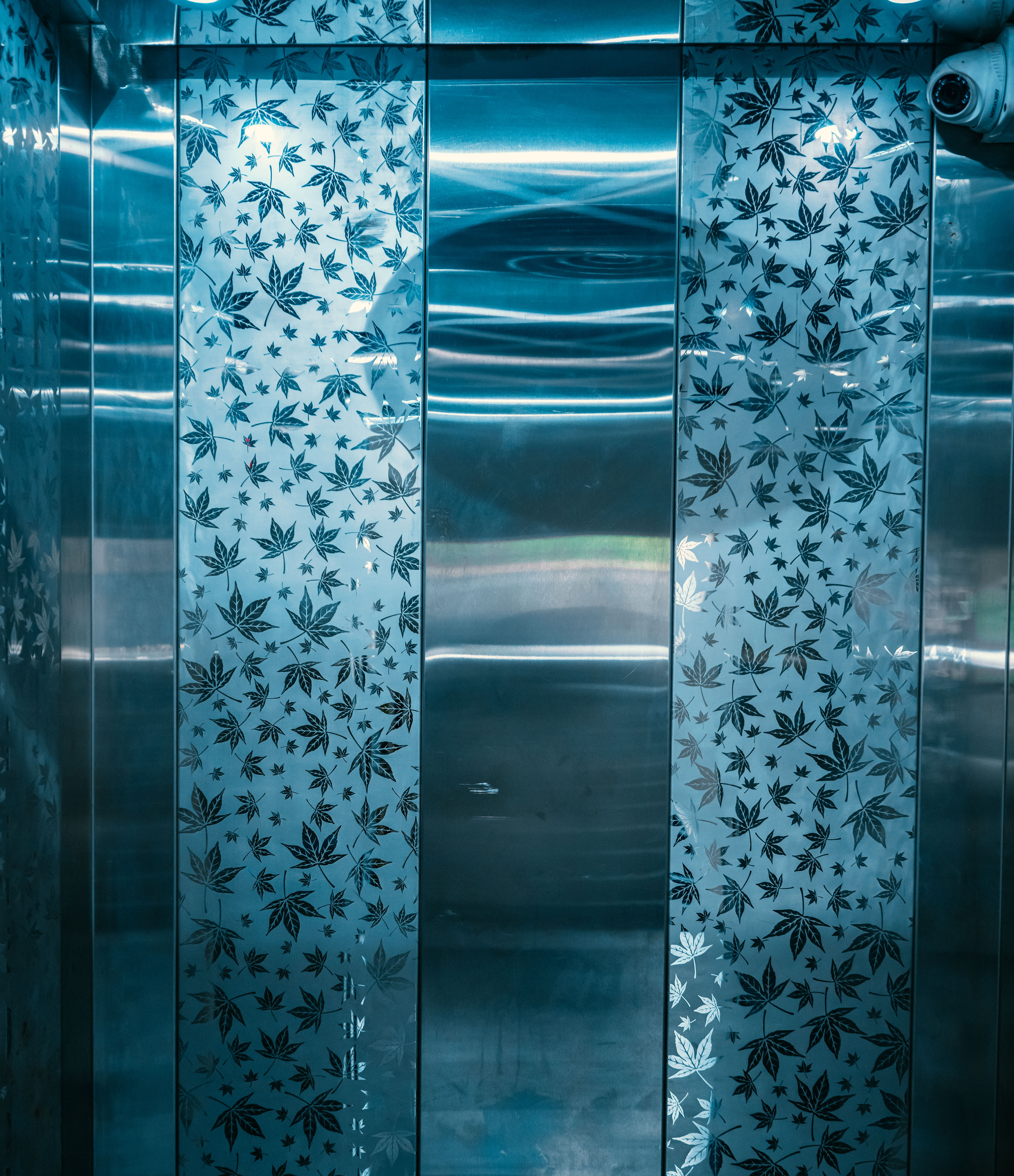 Stylish elevator interior featuring decorative floor and backdrop