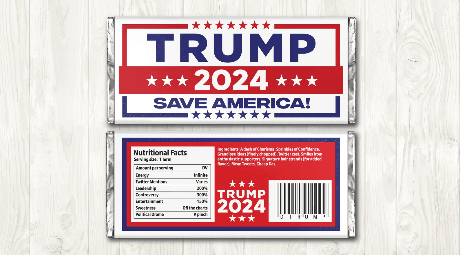 Patriotic Trump 2024 Chocolate Bar Wrapper designed for the 2024 election campaign. Featuring bold red, white, and blue colors with 'Save America' messaging, this printable wrapper fits standard 1.55 oz Hershey bars. Perfect for political rally favors, campaign giveaways, and patriotic party gifts, this wrapper brings humor with witty nutritional facts highlighting energy, controversy, and leadership. Instant download for easy home printing. Support Trump 2024 in style with this unique and customizable wrapper. Ideal for conservative gifts, political events, and Trump supporters.