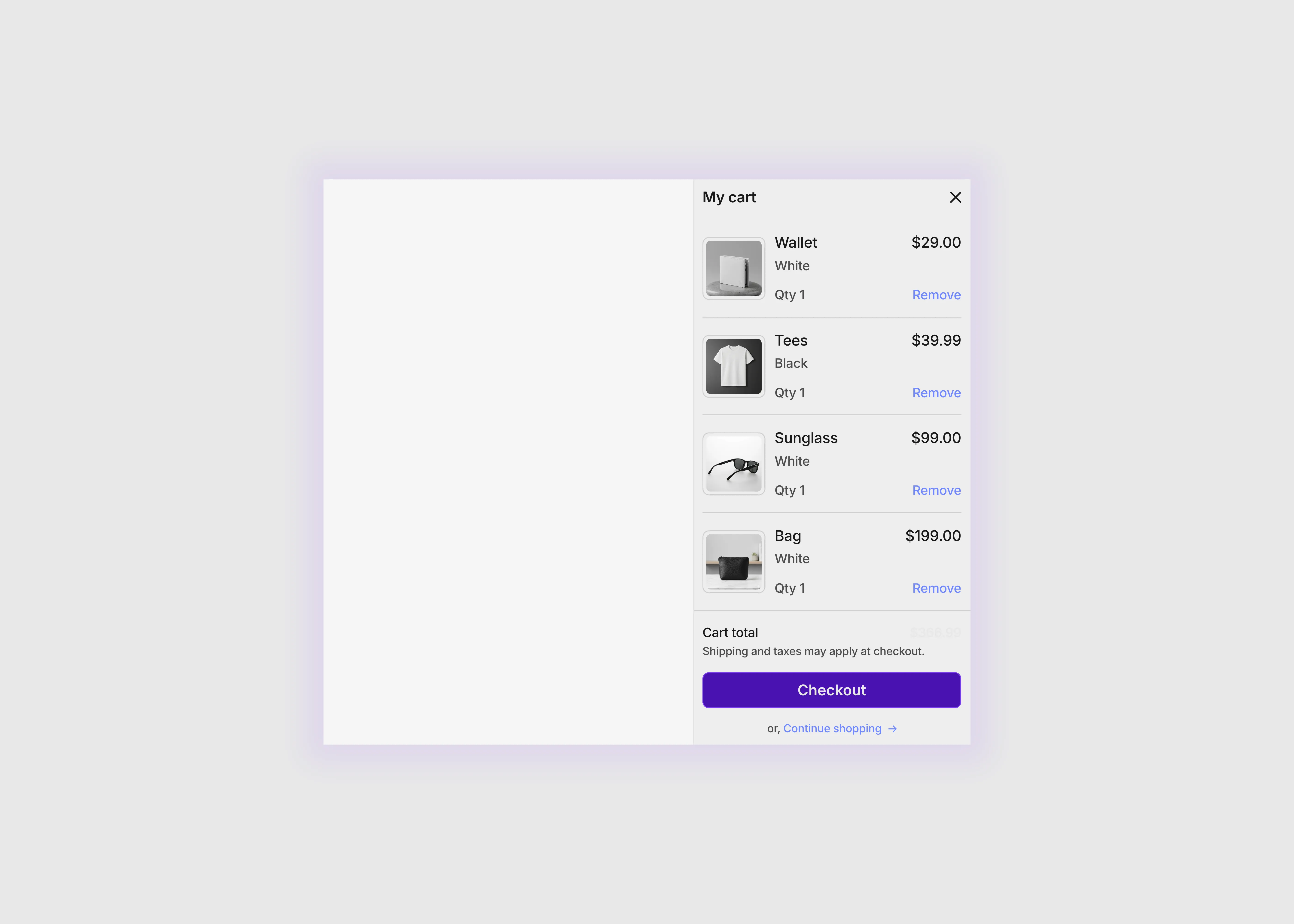A light themed shopping cart UI