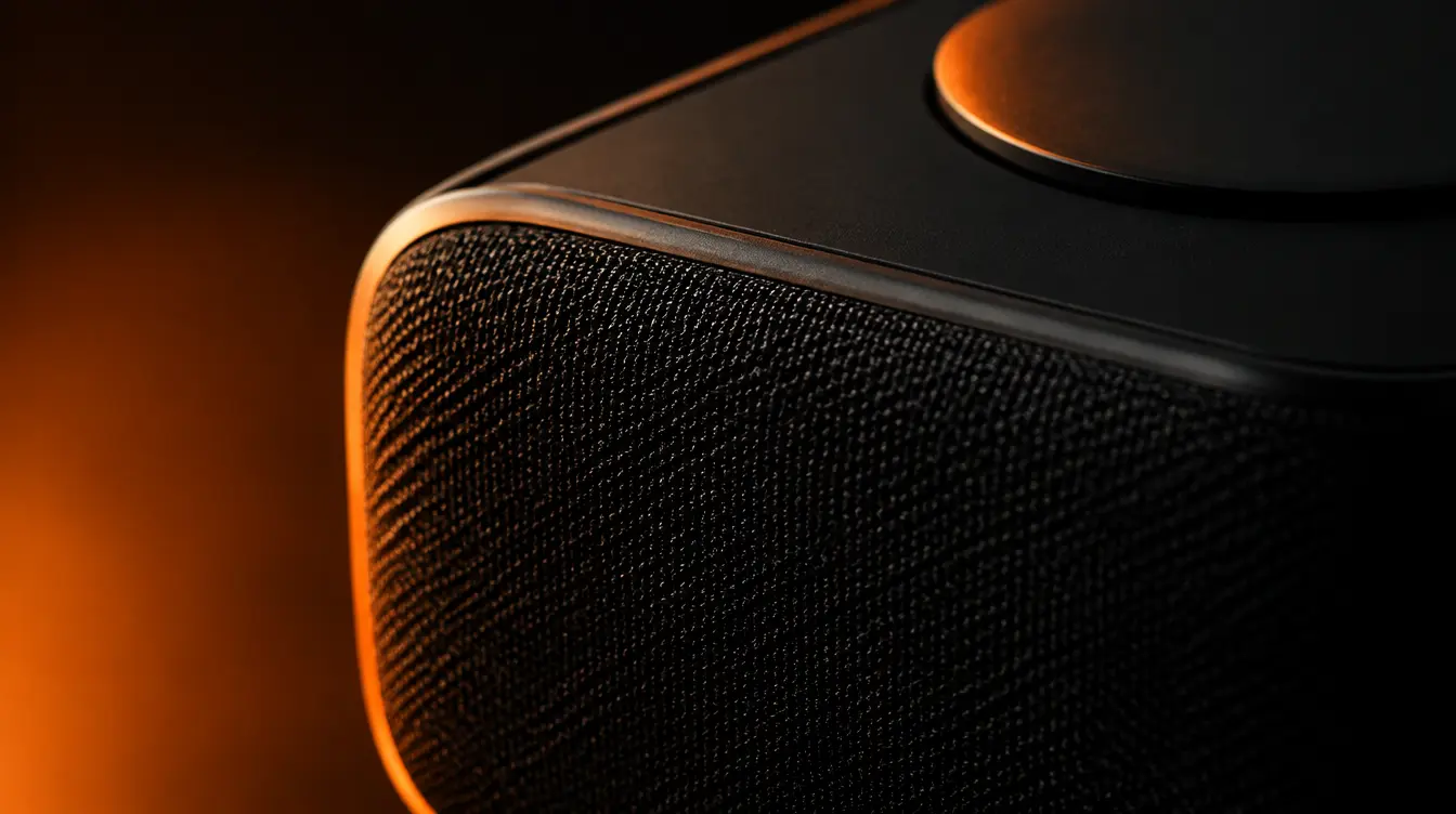 Close-up product shot of the device's texture and materials under dramatic orange rim light