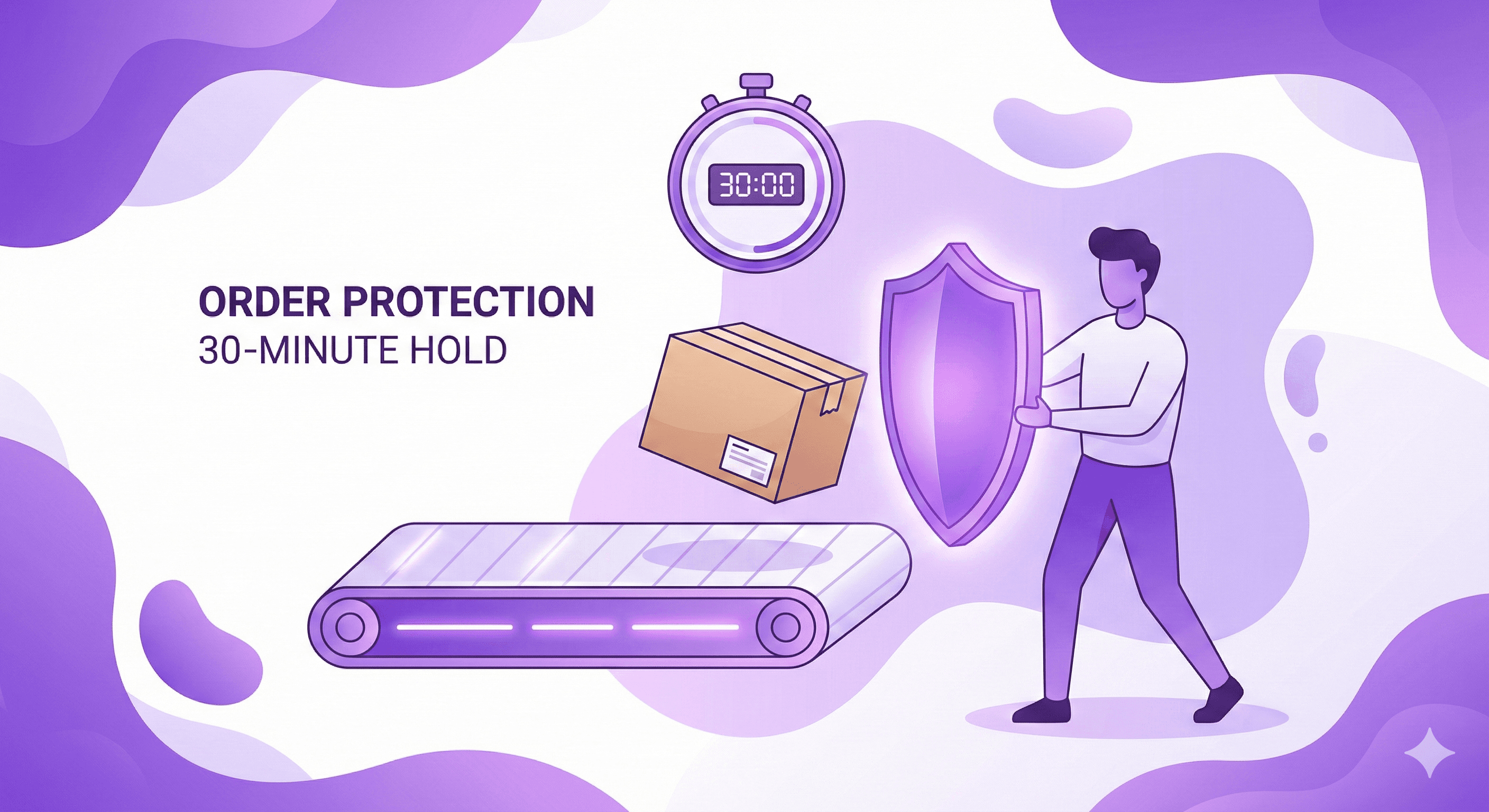 A flat vector illustration in purple and white shows a man holding a large glowing purple shield. He is using the shield to pause a cardboard box from moving onto a conveyor belt. A stopwatch icon above the box displays a "30:00" timer. The text "ORDER PROTECTION" and "30-MINUTE HOLD" is on the left.