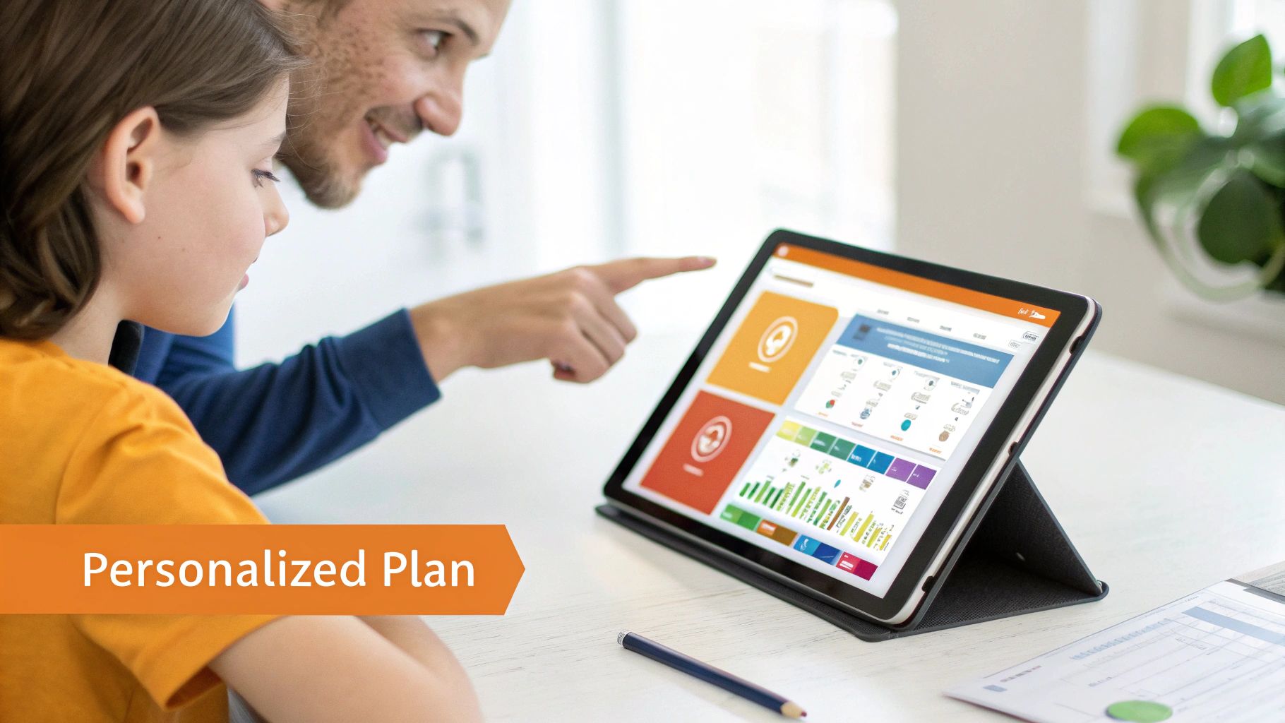 Father and daughter reviewing a personalized achievement plan together on a digital tablet.